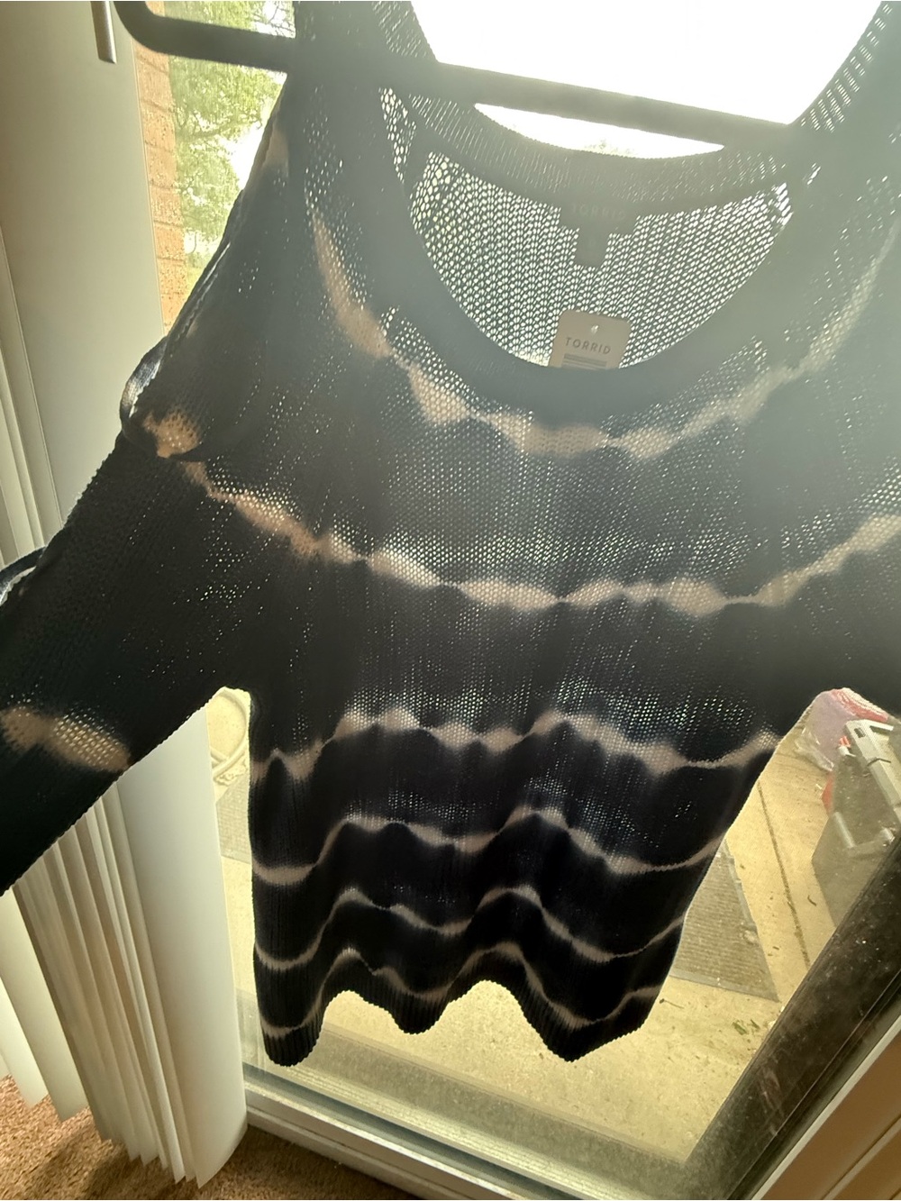 torrid Blue and white Tie-Dye Open Knit Crewneck Sweater lace up sleeves Size 0